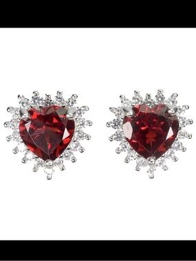 Natural Mozambique Red Garnet Heart Halo Stud Earrings 925 Sterling Silver